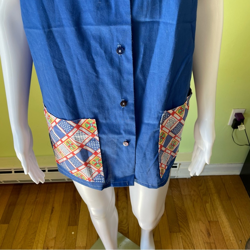 Vintage Blue Patterned Pocket Button Up House Top… - image 6